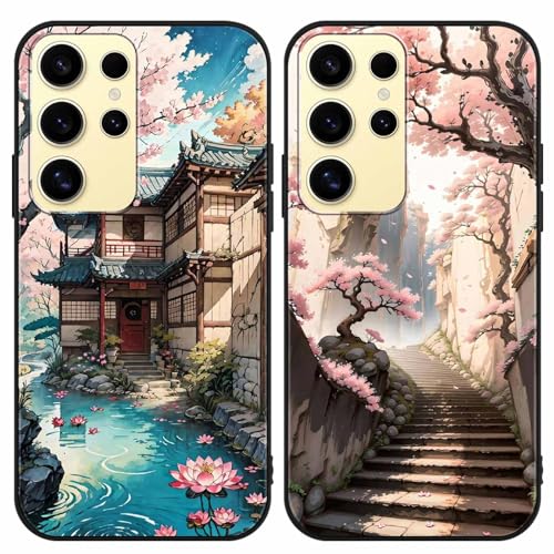 PBNDJVG 2 Pièces Coque pour Samsung Galaxy S24 Ultra 5G 6.2 Pouce, Fleurs de Cerisier du Japon Dessin Animé Aesthetics Motif Étui Protection Housse de Silicone TPU Souple Antichoc Case, Noir 5
