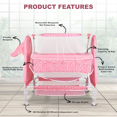 Image of Baby Cradle Swing with Polka Dot Pattern,Portable Foldable Design, Indoor Nursery Furniture (Pink 5)