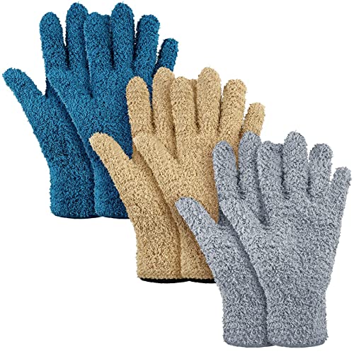3 Pairs Microfiber Dusting Gloves Washable Reusable Cleaning Mittens Gloves for Women (Dark Blue, Gray, Khaki, Small)