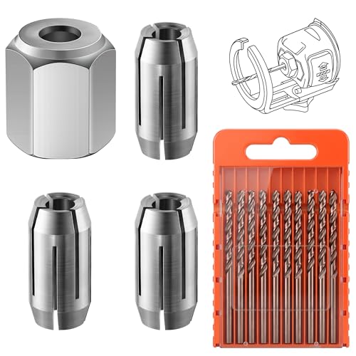 Dreyoo Replacement Collet and Nut Kit Compatible with CN1, 3 5/32 Inch Collets and 1 Nut, Includes 10 5/32 Inch Drywall Guide Point Cutting Bits, for Spiral Saw Tools and Drywall Cut out Tools