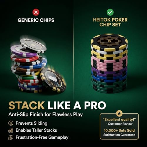 Image of HEITOK Professional Poker Chip Set 300 Count 14g Heavy Clay Composite with Iron Core for Texas Holdem and Teen Patti Includes Aluminum Case Cards Buttons