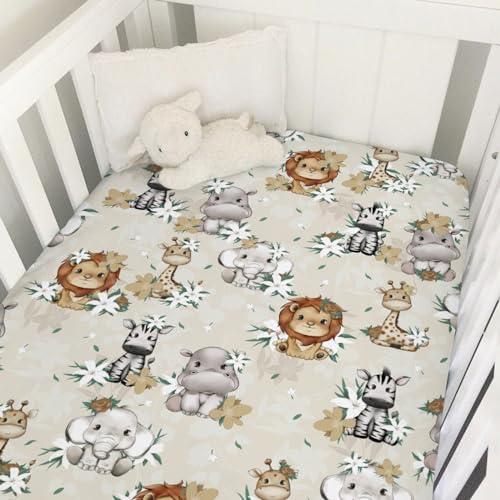 Image of Baby African Jungle Safari Animals Flowers Baby Crib Sheets 52''x28'' Lion Zebra Elephant Hippo Giraffe Fitted Crib Mattress Cover for Boy Girl Bed Sheet for Standard Crib Toddler Mattresses