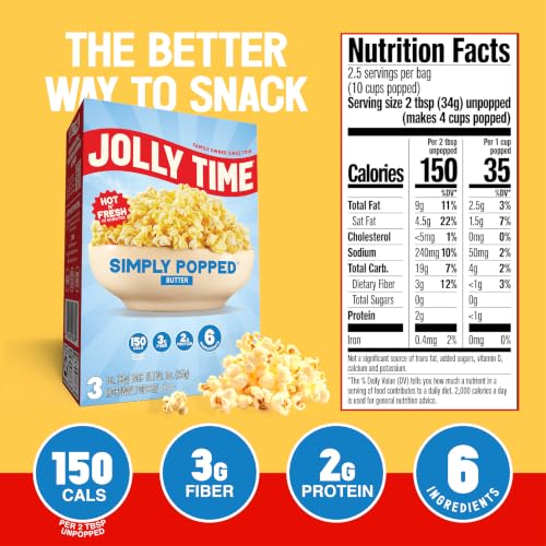 Jolly Time Simply Popped - Lightly Salted Microwave Popcorn, 3oz Sharing Bag, 3 Bags Per Carton (Simply Popped Butter, 3 Ounce (Carton of 3)) - image 2