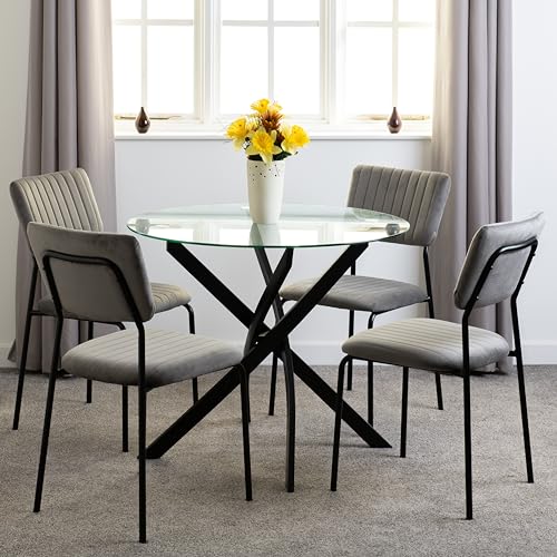 Seconique Sheldon Round Glass Top Dining Set including 4 Dining Chairs in Clear Glass/Black/Grey Velvet Fabric - Image 3