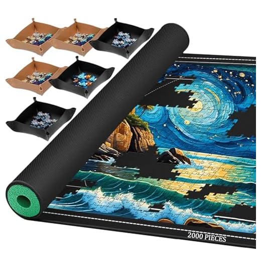 Pohxev Jigsaw Puzzle Mat Roll Up, Portable Saver Pad 48” x 31” Up to 2000 Pieces, Puzzles Matt Rollup with Non-Slip Rubber Bottom & Smooth Top. (6 Puzzle Sorting Trays & 1 Storage Bag)