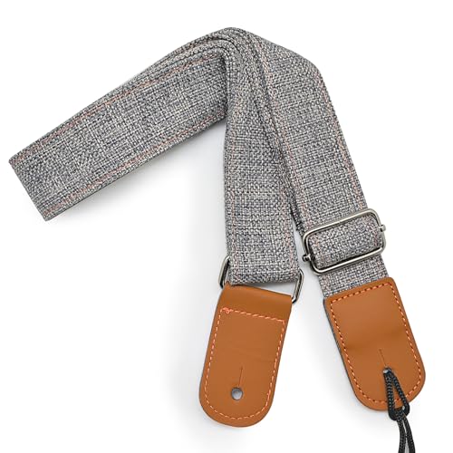 Ukulele Strap Country Style Soft Cotton Linen & Genuine Leather Ukulele Shoulder Strap