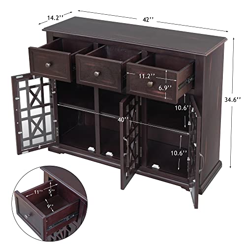 Amposei Wood Sideboard Glass Door Buffet Cabinet Bar Server Table Modern Entryway Console Cabinet With Drawers For Living Room Kitchen Dining Room Cupboard, 42-Inch, Wine Red #TOP2
