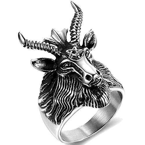 Jude Jewelers Stainless Steel Satan Worship Ram Goat Head Ring Aries Zodiac Biker Gothic Punk Hiphop (Grey, 10)