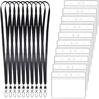 10PCS Lanyards with Card Holder, Black Flat Nylon Lanyards for Neck Plastic ID Card Holders