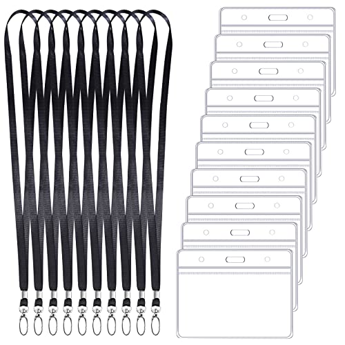 10 Pcs Tour de Cou Badge, 10 Porte Badge Transparent et 10 Cordon de Cou Noir avec Crochet Pivotant, Cordon Porte Badge pour Carte d'Identité Carte d'Étudiant Carte d'Accès