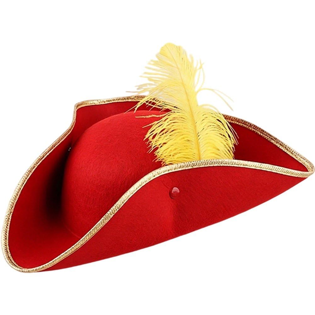 Sslvya Red Pirate Hat, Colonial Tricorn Hat with Gold Trimming for Adults Halloween Renaissance Costume Accessory