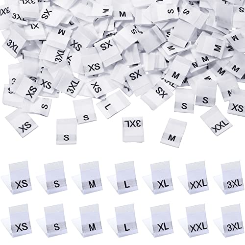 TecUnite 700 Pieces Clothing Size Tags Sewing Woven Garment Size Labels Mix Clothing Crafting Ribbons Tags Clothes Garment Fabric Embroidered Label, XS-3XL(White)