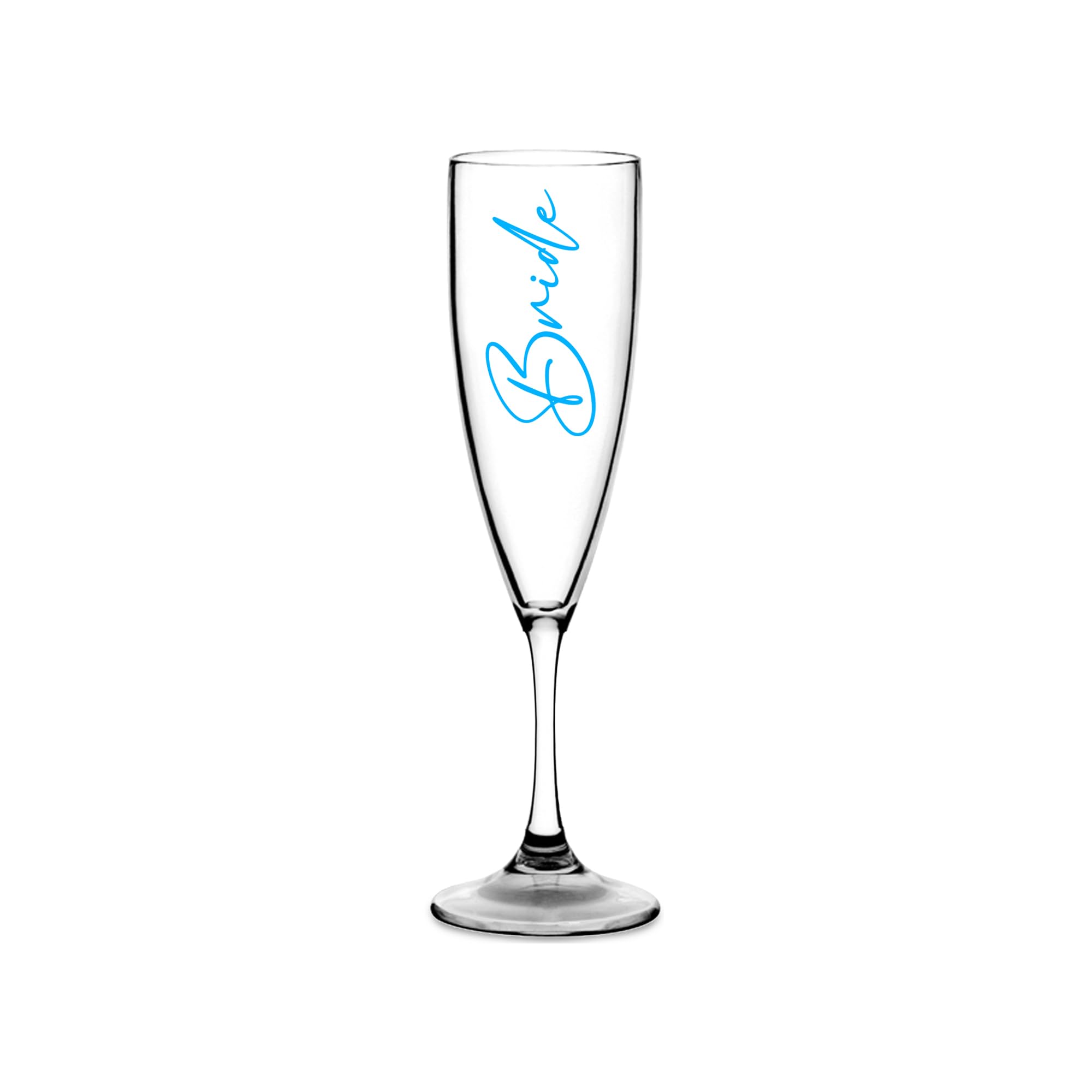 Print Maniacs Champagne Premium Clear Flute Glass Bride Groom Mr Mrs Wedding Maid Honour Wine Cocktail Prosecco Celebrations Gift (Baby Blue, Bride)