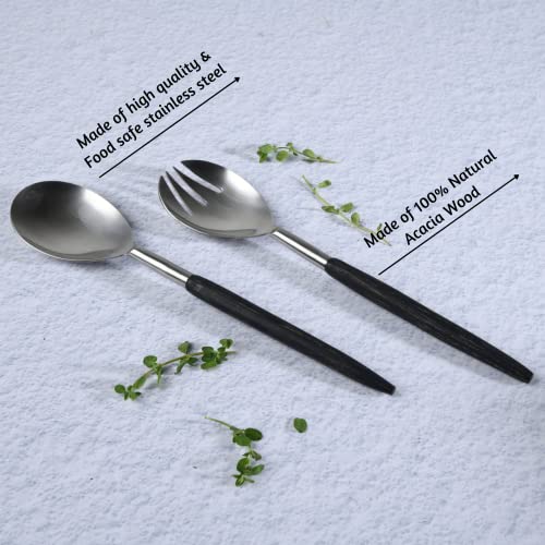 Folkulture Salad Bowl With Matching Salad Tongs, Salad Bowl Or Wooden Bowls For Mixing, 12" D X 5" H, Acacia Wood, Wooden Salad Bowl Wedding Registry Items, Black Matte #TOP4