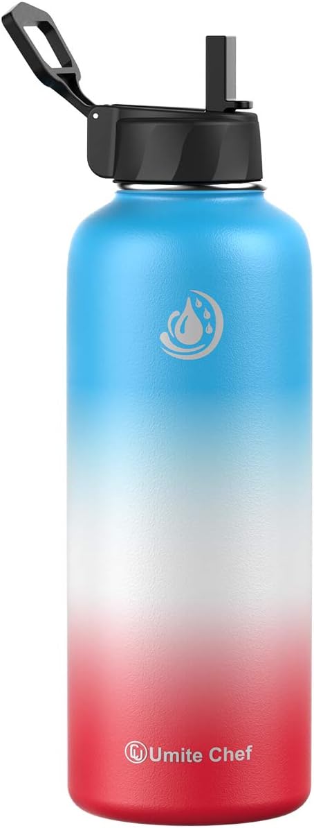 Umite Chef Sports Water Bottle with New Wide Handle Straw Lid, Vacuum Insulated Stainless Steel Thermo Mug, 40 oz Double Walled Wide Mouth Water Bottle,Leak Proof, Sweat Free(Sorbet)