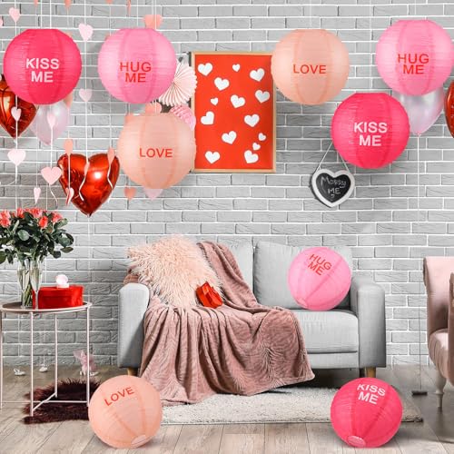 Image of Panelee 12 Pcs Valentine's Day Party Decorations Paper Lanterns Conversation Heart Decoration Lanterns 8 Inch Pink Hanging Paper for Valentine Party Indoor Outdoor Decorations Supplies