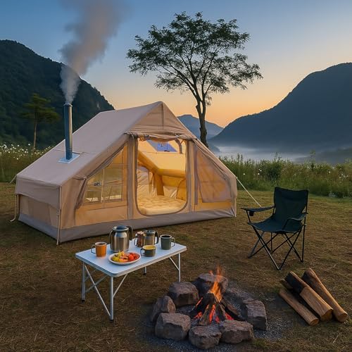 9.8' x 7' Inflatable Camping Tent,4 Season Blow up Tents for Camping, 4-6 Person Inflatable Tent with Stove Jack,Air Tents,Glamping Tent,Waterproof,Waterproof Luxury House with Mesh Window