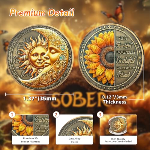sunflower blessing sobriety coin - affirmation sun and moon aa coins - recovery addiction na aa chips and medallions - celebrate living clean narcotics alcoholics anonymous gifts for men women