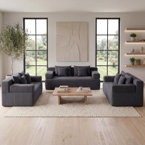 Image of MONVANE 3-Piece Boneless Loveseat Couch Set for Living Room, Oversized Modular Sectional Sofa Set with Removable Armrests, Comfy Corduroy Cloud Couch with 12 Pillows, No Assembly Required, Grey
