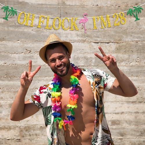 Image of Oh Flock I'm 28 Banner, Glitter Happy 28th Birthday Anniversary Party Decorations, Pineapple Calebration Decor, Hawaiian Luau Tropical Aloha 28 Theme Party Photo Props