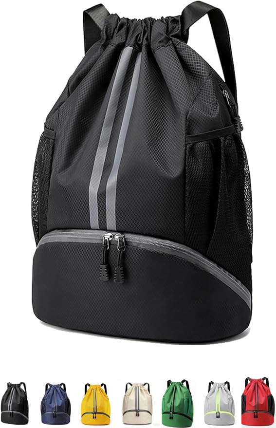 Sports Drawstring Backpack - String Swim Gym Bag with Shoes Compartment and Wet Proof Pocket for Women&Men Pull String Sport Bag for Soccer and Basketball (Black)