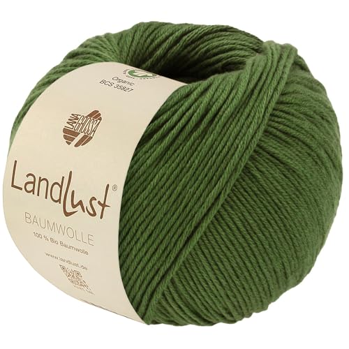 LANA GROSSA Landlust Baumwolle | Klassisches Bio-Baumwollgarn, Gots zertifiziert | Handstrickgarn aus 100% Baumwolle (Bio) | 50g Wolle zum Stricken & Häkeln | 115m Garn FB 31 Blattgrün