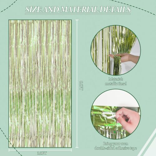 Image of DECOCKRAT 2 Pack Foil Fringe Backdrop - Light Green Shiny Tinsel Curtains for Party Decoration /Photo Booth Props - 3.3x6.6 FT Metallic Foil Backdrop for Birthday, Wedding, Graduation, Christmas.