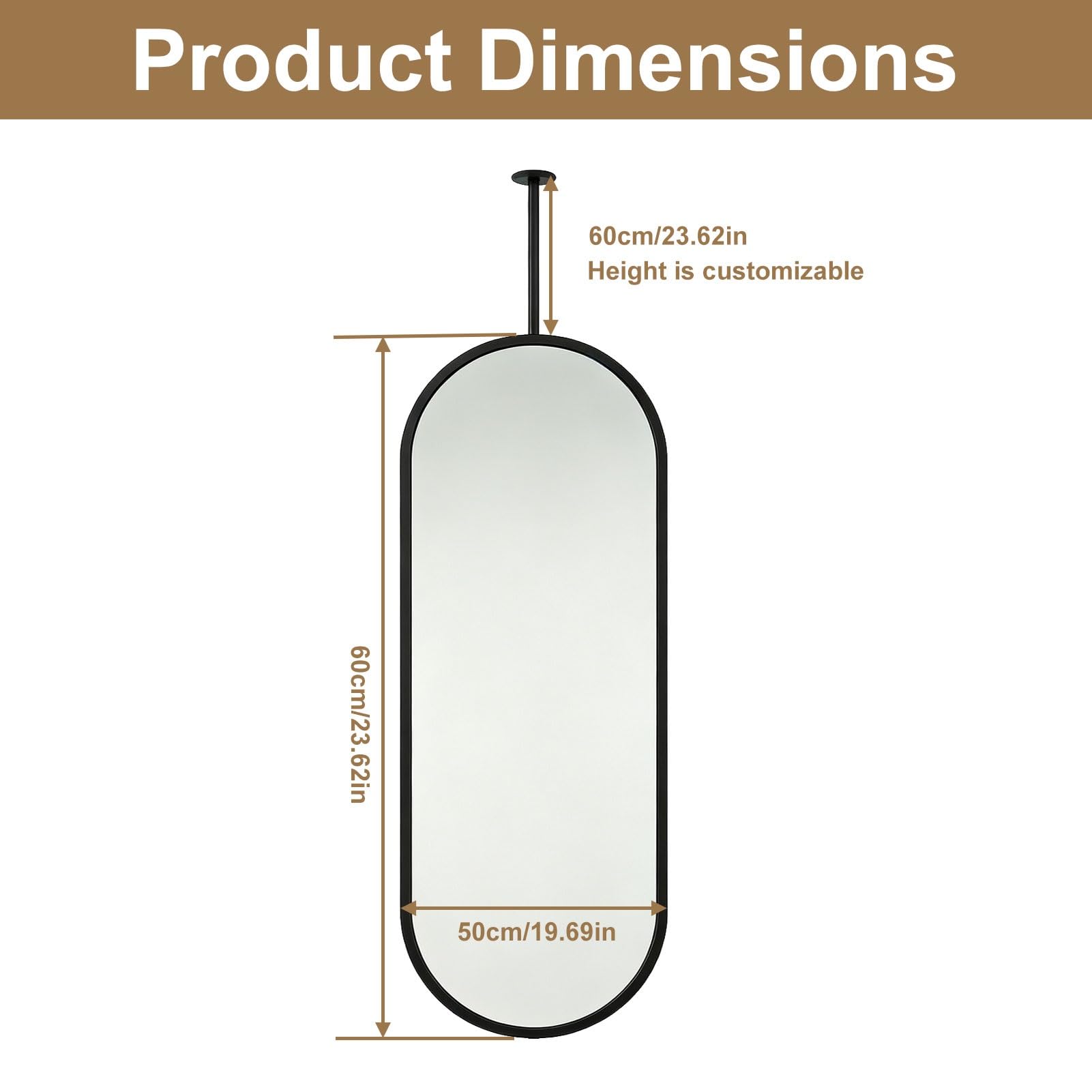 Miroir incassable ovale suspendu au plafond de la maison ou de l'hôtel | Miroirs suspendus simples et élégants,décoration murale,avec cadre et flèche en acier inoxydable brossé(50cmx60cm)