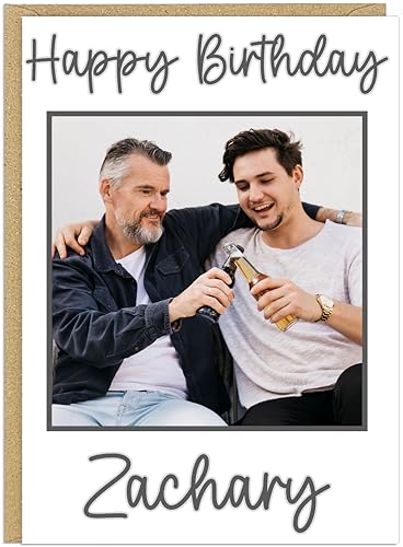 Custom Own Photo & Own Name Personalised Happy Birthday Card - Uncle Daddy Husband Grandad Son Designs - 7 Text Colour Options Brown Dark Grey Green Red Black Blue (Dark grey)