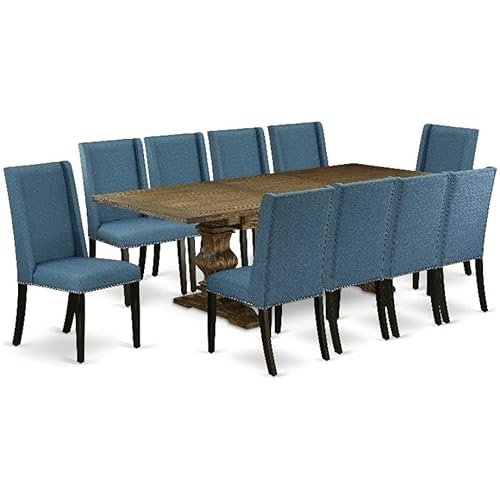 East West Furniture LAFL11-71-21 11 Piece Modern Dining Table Set Includes a Rectangle Wooden Table with Removable Leaf and 10 Blue Linen Fabric Upholstered Chairs, 42x92 Inch, Jacobean