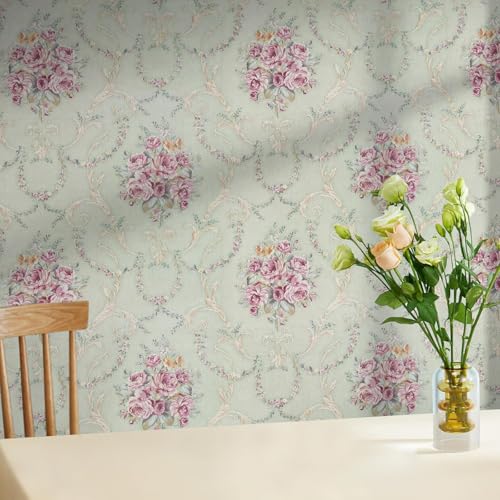 Image of Green Pink Rose Flower Peel and Stick Wallpaper-Vintage Rose Damask Self-Adhesive Wall Decal,Waterproof & Removable PVC Wallpaper for Bedroom, Living Room,Furniture Renovation (45cm x 300cm)
