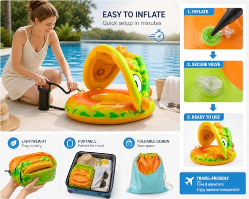 Image of Baby Pool Float with Canopy & Sunshade, Inflatable Infant Swimming Float Ring Seat with UV Protection, Safe Baby Swim Trainer for Pool & Beach (6-36 Months)