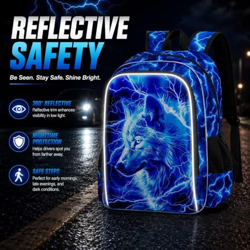 Image of 17 inch Wolf Backpack for School, Kids Boys Lightning Bookbag with Lunch Box, 3Pcs Backpacks for Elementary Preschool Kindergarten (Blue)