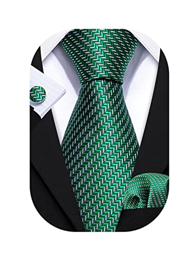 Barry.Wang Conjunto de corbata a cuadros hombre corbata raya lazo seda gemelos pañuelo, Verde esmeralda., Taille unique Cover