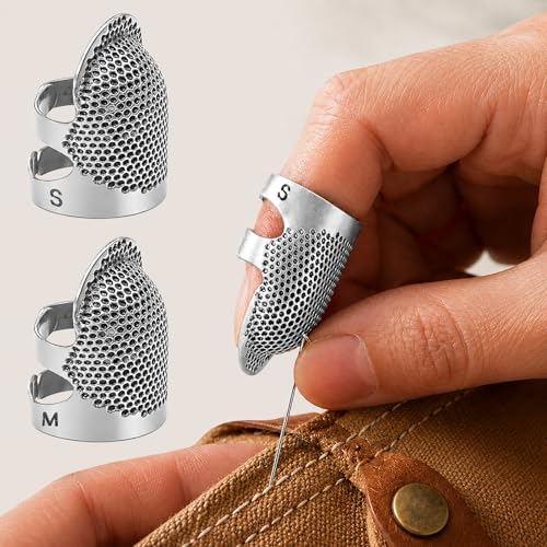 Image of Thimbles for Hand Sewing, Sewing Thimble Kit, Metal Finger Protectors, Thimble Ring for Hand Quilting and Embroidery(Silver,2Pcs,Small /Medium)