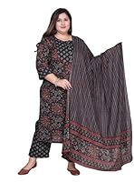 Plus Size Floral Print Pure Cotton Straight Kurta, Dupatta & Pant Set Black (56)