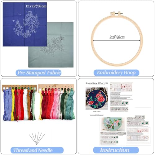 Image of FONNUY 2 Set Crewel Embroidery Kit for Beginners, Fantasy Floral Pre-Stamped Pattern Kits for Adults with Hoop, Easy to Follow Needlework, 8'' (Red)