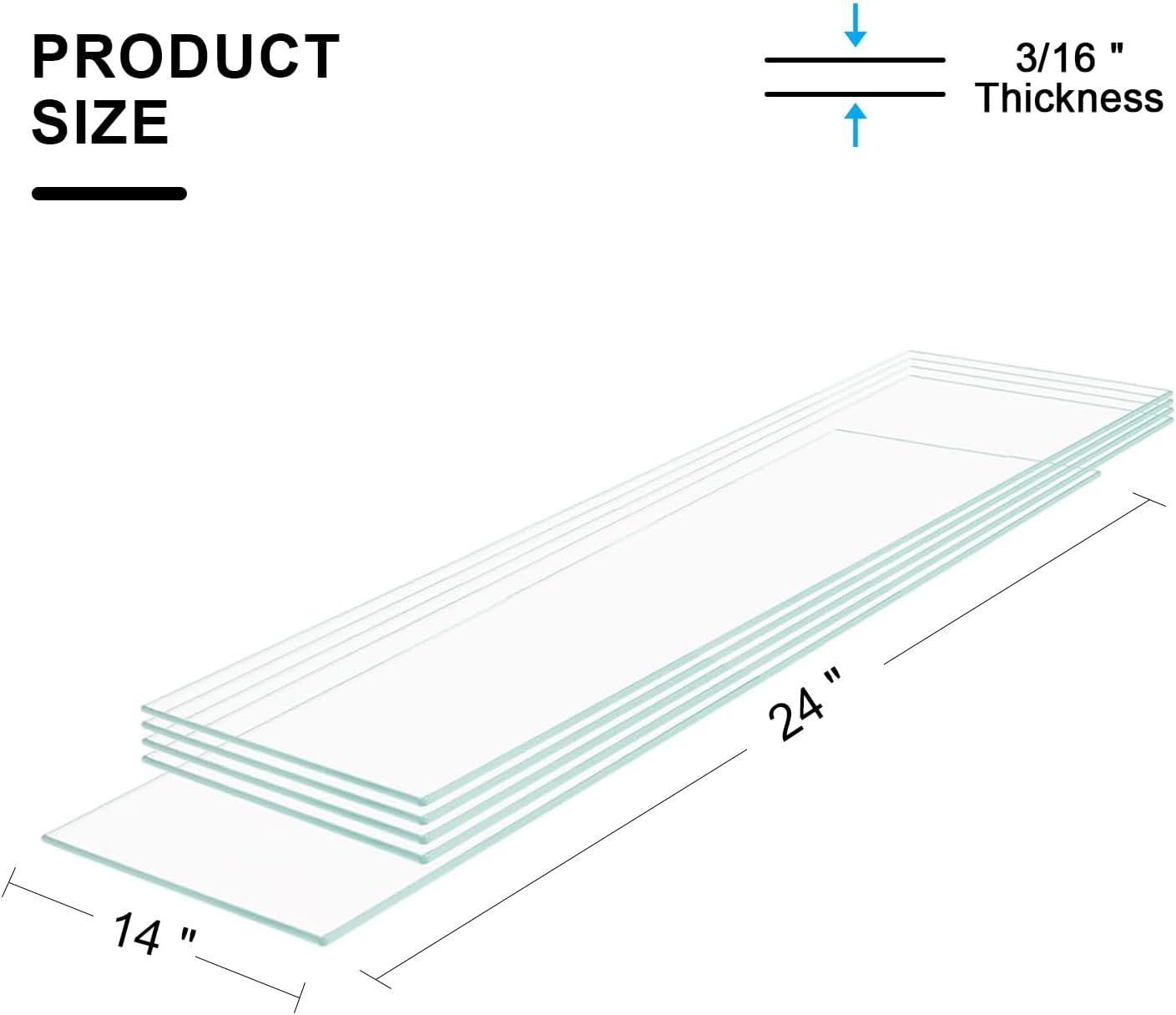 14" W x 24" L - Tempered Rectangle Glass Shelf Without Frame (5 Pieces Set) - 3/16" Thick -Pencil Polished