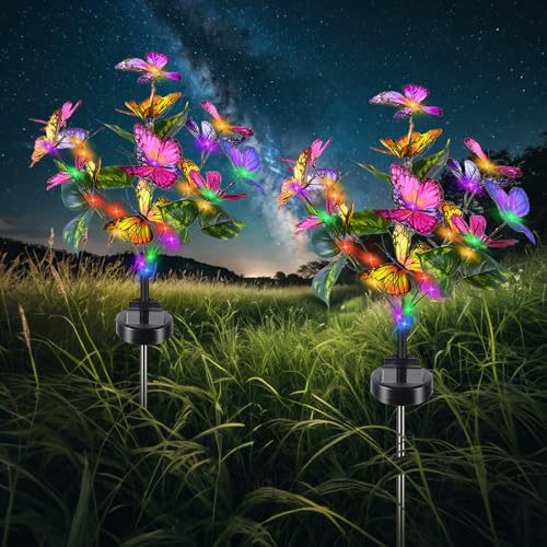 Qoosea Lampe Solaire Exterieur Jardin, 2 Pièces Fleurs Papillon Lampes Solaires Extérieure, IP65 Imperméable Lumiere LED pour Chemins Lumière Décoration...