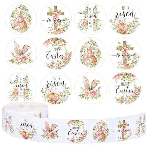 Whaline 1000Pcs Easter Stickers Floral Stickers Watercolor Bunny Egg Christian Round Sticker He is Risen Print Label Self-Adhesive Sticker for Spring Easter Holiday Party 1.5Inch 6 Design