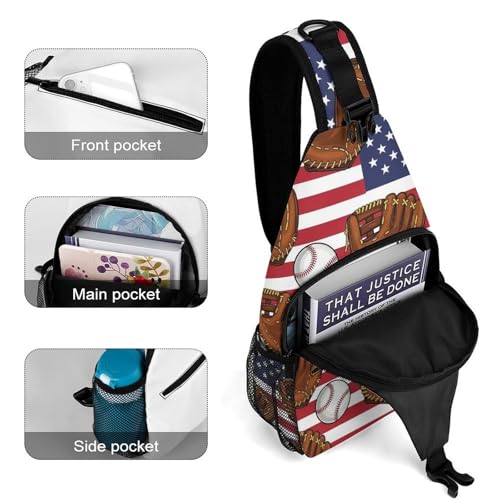 Fashion Traveling Running Casual Chest Bag, Dress Decor Sling Backpack, Shoulder Bag Casual Day Pack American Flag Baseball Art4