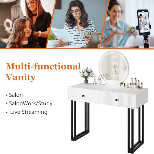 Garvee Modern White Makeup Vanity Desk with Mirror and Lights, Vanity Table with 3 Color Adjustable Brightness, 2 Drawers for Bedroom Dressing Room - image 8