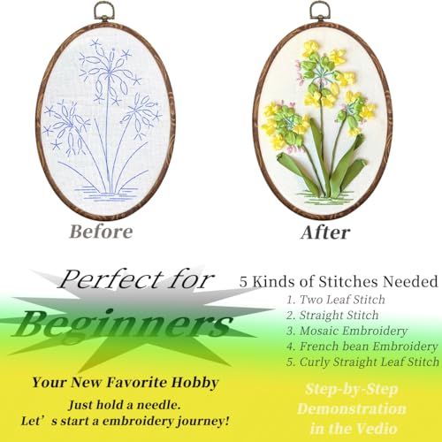 Image of FONNUY Ribbon Embroidery 3D Flowers Pattern Design Kit Embroidery DIY Handwork Set Oval Home Decoration (Yellow Camellia)