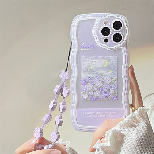 Custodia per iPhone 12 Pro con braccialetto di perle floreali alla moda custodia protettiva per cellulare e morbida cover per 12 Pro pittura silicone tpu viola fragola