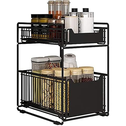 KOLENSA 2 Tier Under Sink Storage Drawer,Pull Out Organizer Drawer,Metal Sliding Storage Basket for Kitchen Countertop Pantry Bathroom Office Desktop (Black) Cover