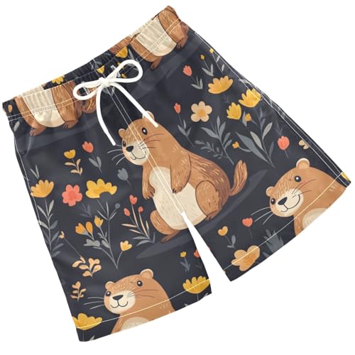 Pigsaly Boys' Swim Board Shorts Yellow Red Flower Cartoon Groundhog Boy's Swim Trunks Kids Swimwear M