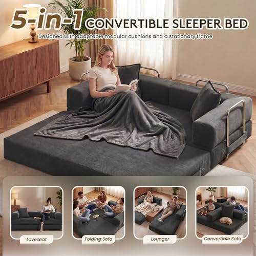 Image of GRUSIGN 78 Inch Convertible Sofa Bed, 5-in-1 Futon Sofa Bed Pull Out Couch, Boneless Couch Bed for Living Room, Corduroy Boneless Couches for Bedroom, Apartment, No Assembly Sleeper Sofa Bed, Gray