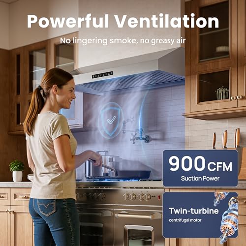 Image of VIKIO HOME 42 inch Range Hood,900 CFM Powerful Vent Hood,Under Cabinet Range Hood with 1.5 Sones Quiet, Gesture Control+Delay Shutdown,Stainless Steel Hood Vents for Kitchen,Dishwasher-Safe Filters