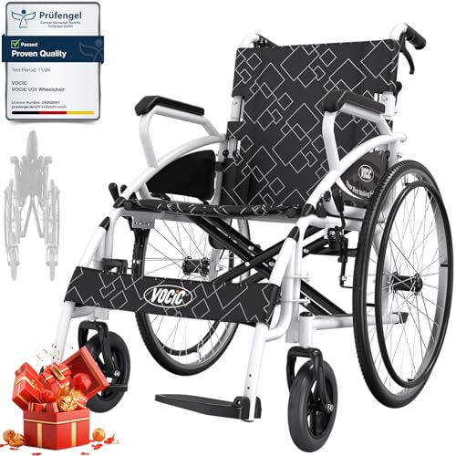 VOCIC Lightweight Folding Wheelchair, Double Brakes,Max 150KG, Self Propelled Transport Wheelchairs for Disabled, Stable and Robust, 60cm Rear Tire for All Terrains, 5 Year Support