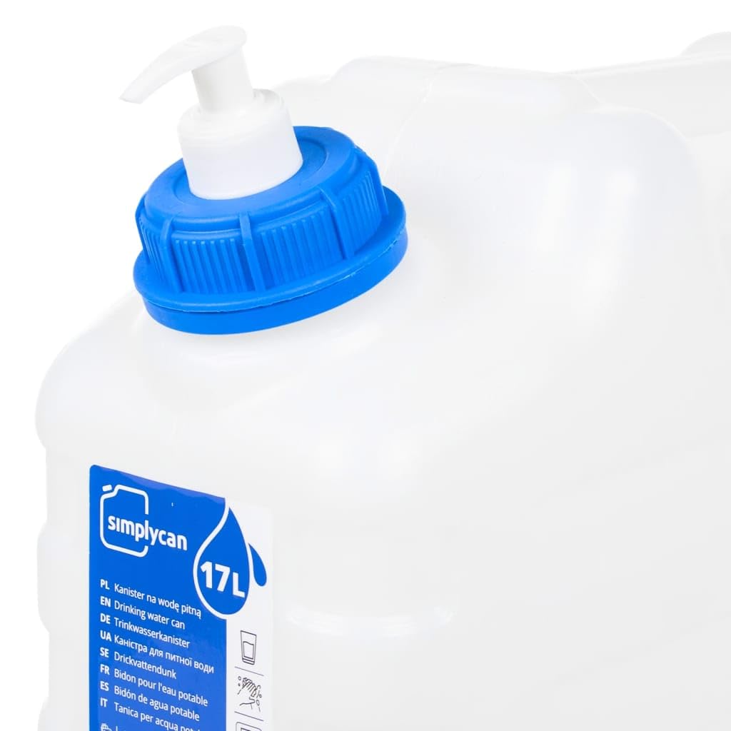 Pojemnik na wodę z kranem i dozownikiem mydła, 15 l, tworzywo sztuczne HDPE, kanister z możliwością układania w stos z uchwytem do noszenia, praktyczny pojemnik na zapasy na kemping, do domu